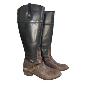 Sam Edelman Juliana Riding Boots Size 8.5M Black Brown Leather Croc Embossed